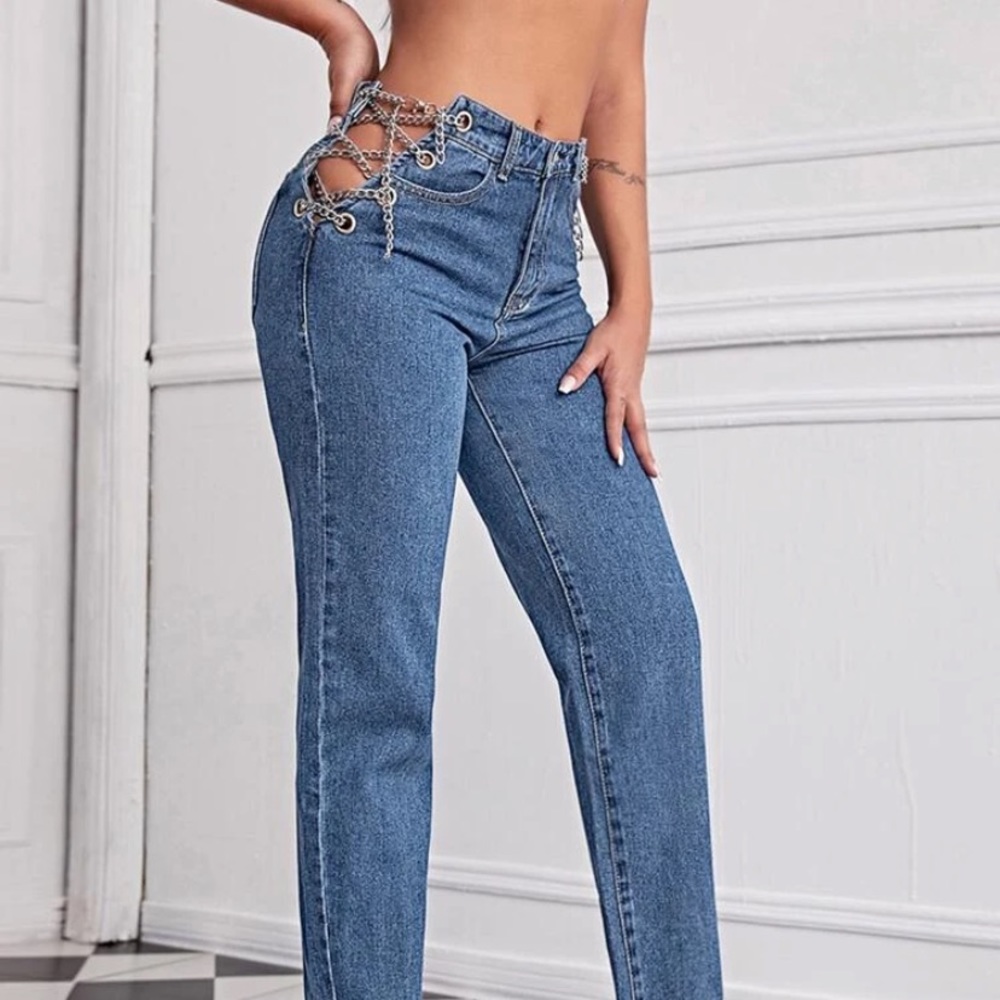 Grommet eyelet chain lace up jeans